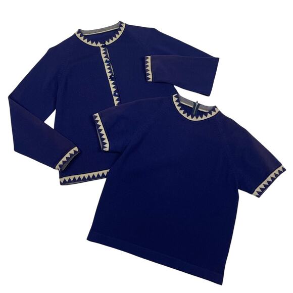 Vintage Women’s Cardigan & Short Sleeve Top Set Small Blue Cream Geometric Trim - Picture 1 of 8
